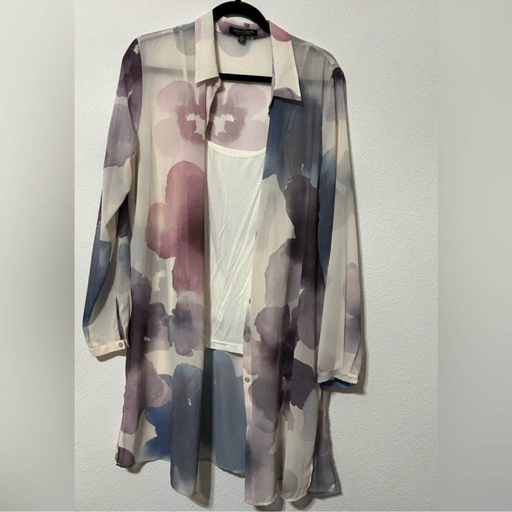 Linea Domani Floral Sheer Tunic Blouse - Purple and White